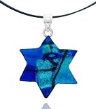 Sterling Silver Dichroic Glass Blue Star of David Pendant on Stainless Steel Wire, 18"