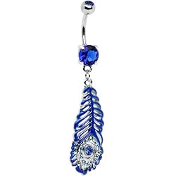 Sapphire Blue Cubic Zirconia Peacock Feather Belly Ring