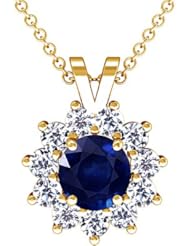 14K Yellow Gold Round Cut Blue Sapphire And Round Diamond Pendant