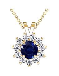 18K Yellow Gold Round Cut Blue Sapphire And Round Diamond Pendant