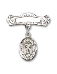 Sterling Silver Baby Badge with Our Lady of All Nations Charm and Arched Polished Badge Pin