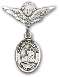 Sterling Silver Baby Badge with St. John Licci Charm and Angel with Wings Badge Pin