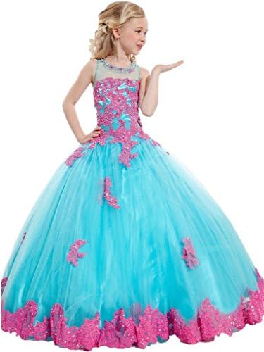 ChengCheng Littel Girls' Ball Gown Appliques Beads O-neck Pageant Dresses 12 Blue Pink