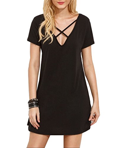 Haola Women's Cross Front Deep V Neck Mini Dress Short Sleeve Casual T-Shirt Dress