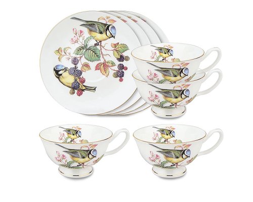 Gracie Bone China 8-Ounce Cup and Saucer, Blue Head Birds , Set of 4