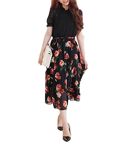 (ディーコッテ)D'Kotte レディース 春 ワンピース ワンピ ロング丈 マキシ シフォン 半袖 ハイネック 花柄 フェイクツーピース エレガント neaa145