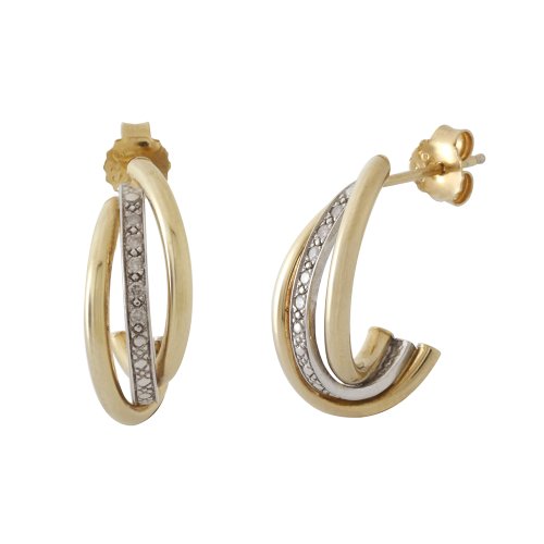 Diamond Tri-Hoop Earrings In Sterling Silver With 14K Yellow Gold Plating Criss-Cross Style 1 Inch