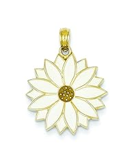 14K Yellow Gold Enameled White Daisy Flower Pendant