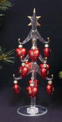 Glass Christmas Tree With Red Heart Baubles