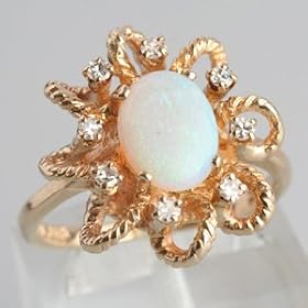 14K Yellow Gold Opal Cabochon & Diamond Ring - OldCities Vintage Jewelry by 