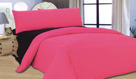 Double Reversible Duvet Quilt Cover With Fitted Sheet Complete Bedding Set, Black / Fuschia Pink
