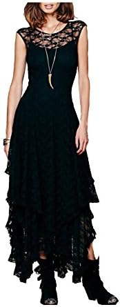 Liujos Women's Sexy Sleeveless Floral Lace Tiered Long Irregular Party Dress (M, Black)