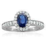 Milgrain Sapphire Engagement Ring in 14k White Gold Halo Diamond Ring (G, SI1, 1.37 cttw), 7x5mm