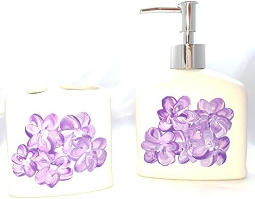 Hand Painted Lavender Soap Dispenser and Toothbrush Holder Bathroom set