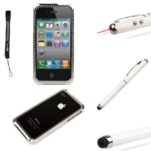 Chrome Metal Diamond 2pc Case Protective Cover Snap On Made for Apple iPhone 4S (4th Generation 16GB 32GB - AT&T - Verizon) + Includes a Professor Pen 3 in 1 Red Laser Pointer / LED White Light / Stylus / White Pen