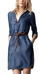Denim Belted General Print Above the Knee Long Sleeves  Shirt Mini Dress 