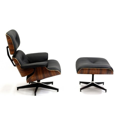 LexMod Classic Plywood Lounge Chair and Ottoman with Palisander Base and Black Leather Uphostery
