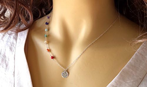 Sterling-Silver OM Chakra Necklace, Handmade Healing Yoga Jewelry Reiki infused by Energy Bliss, Stamped and Hammered Om Pendant, Sideways Wire-Wrapped Gemstones