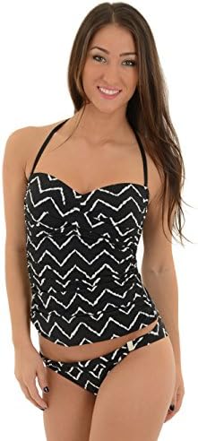 Junior's Black Tankini Bathing Suit with White Zig Zag Print 2 Piece Set Sizes: Medium