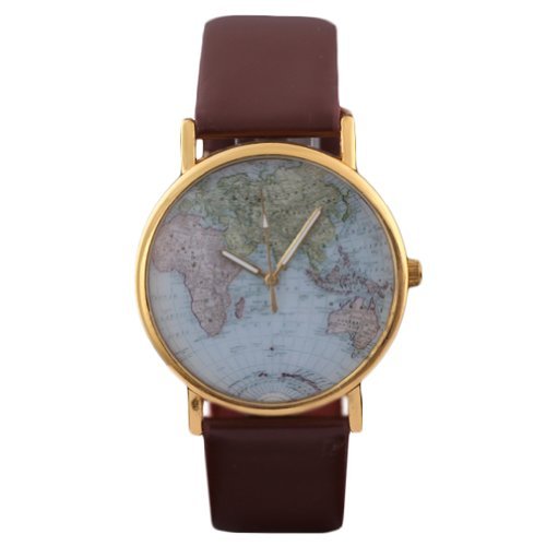HACBIWA Global Fashion Unisex Men Women Lady Girls World Map Brown Leather Alloy Analog Quartz watches