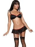 Sexy Black Red Bra Set Underwire Padded Lace Trim Attached G String Skirt And Garters Womens Lingerie
