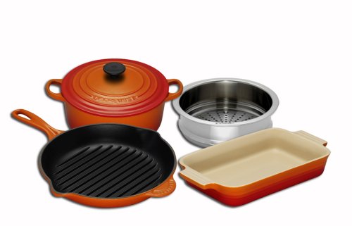 Le Creuset Cast Iron, Steamer and Stoneware Gift Set, 4 Piece, Volcanic