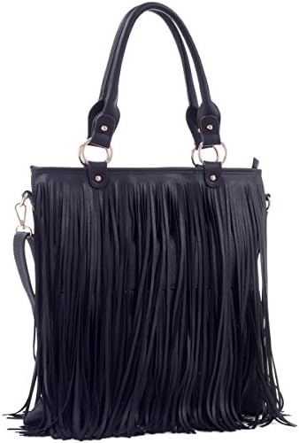 Dasein Fringe Faux Leather Large Tote Satchel Shoulder Bag - Black