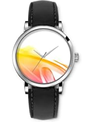 SPRAWL Aanalog Fashion Series Silver Ladies Watches of Genuine Black Leather Strap,Unique Wrist Watch for Women Girls Designed with Lines oranges white background