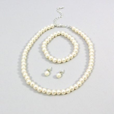 Childrens Girls Jewelry 3pc Pearl Set Bracelet, Necklace &amp; Earrings for Girls.