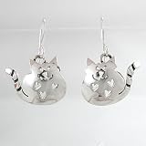 Happy Cat with Heart Cut-out Dangle Earrings in Sterling Silver , #8865