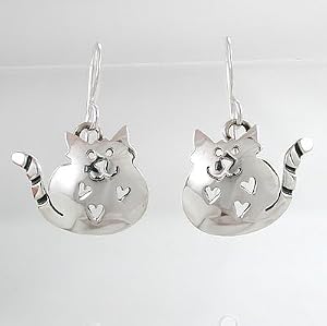 Happy Fat Cat with Heart Cut-outs Dangle Earrings in Sterling Silver , #8865