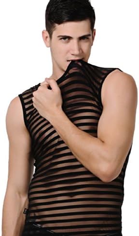 Sexy Men See-through Mesh Tank Top Stripe Transparent Shirt Vest (3) X Large : Chest-37", Black)