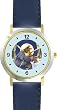 Mommy & Baby Bunny Rabbit Watching Moon from Bedroom Window - from Hush Little Baby by Artist: Sylvia Long - WATCHBUDDY&reg; DELUXE TWO-TONE THEME WATCH - Arabic Numbers - Blue Leather Strap-Size-Large ( Men's Size or Jumbo Women's Size )
