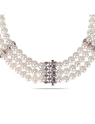 Sterling Silver Created Pink Sapphire and Freshwater Cultured Pearl Necklace, 18"