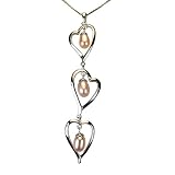Triplet Heart Shaped Peach Pink Pearl Drop Platinum Overlay CAREFREE Sterling Silver Pendant Necklace