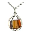 Millennium Collection Sterling Silver Spherical Pendant with Certified Genuine Honey Amber Cube Rolo Chain 1mm in Sizes Inches 14 16 18 20 22 24 30
