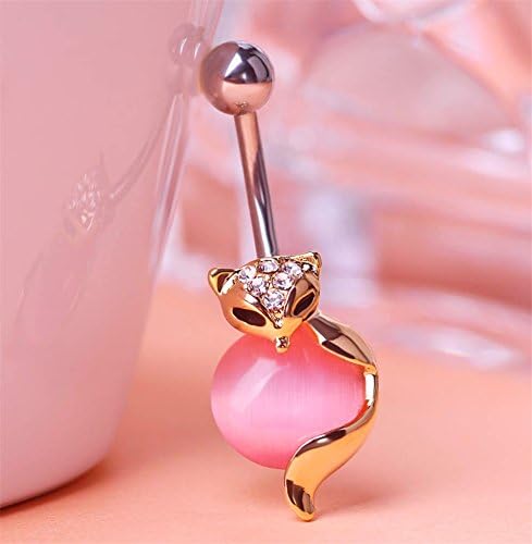 Blucoo Gold Fox Rhinestone Belly Button Piercing Navel Ring (Pink)