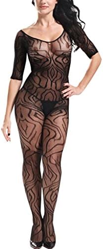 Women's Half Sleeve Black Mesh Open Crotch Body Stockings Lingerie