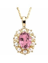 18K Yellow Gold Oval Cut Pink Tourmaline and Pearl Pendant -- LIFETIME WARRANTY