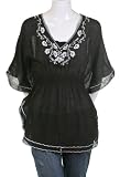 DV & DN Fiesta Floral Embroidered Boho Bat Wing Sleeve Cover Up Blouse Top Black