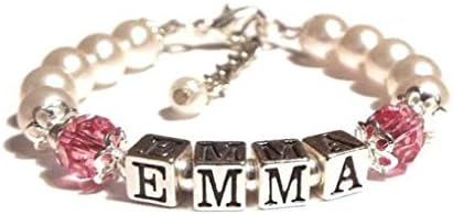 Baby Pearl and Sterling Silver Name Bracelet with Crystal Birthstones