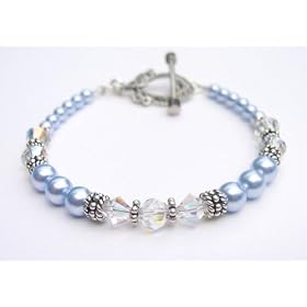 Pearl Bracelets: Pale Blue Pearl Swarovski Crystal Sterling Silver Marcasite Beaded Bracelets/White Pearl Bracelets