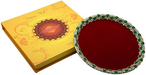 Ethnic Style Marvelous Red Stainless Steel Poojan Thali With Golden Pearl Lace Work Accompanied Idol Of Laxmi Ganesh Ji For Diwali and Bhai Dooj