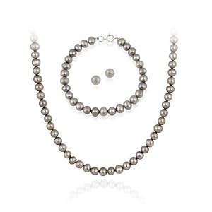Sterling Silver 5.5-6mm Genuine Freshwater Cultured Grey Pearl Necklace Bracelet & Stud Earrings Set