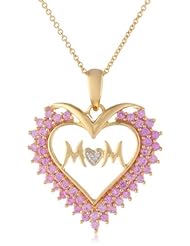 Sterling Silver Created Pink Sapphire with Diamond Heart Mom Pendant Necklace, 18"
