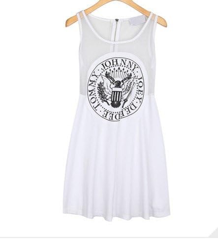 Fashion Harajuku Style Cotton Vest Dress for Women Sleeveless Totem Printed Mesh Patchwork Mini Dresses (white)