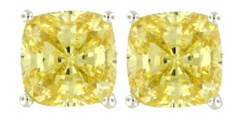 Platinum Plated Sterling Silver 7x7mm Cushion Cut Canary Yellow Cubic Zirconia Four-prong Stud Earrings