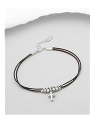 Brown Cross Leather Bracelet In 92.5 Sterling Silver