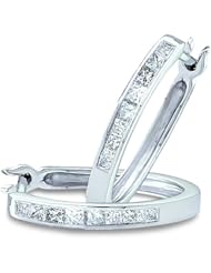 14k White Gold Channel Set Princess Square Cut Diamond Hoop Huggie Earrings (.30 cttw)