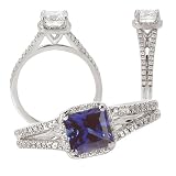 18k Chatham 5.5mm princess cut blue sapphire color #3 engagement ring with split shank